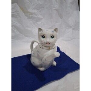 Vintage Hand Painted Lucky Cat Teapot or Creamer White with Flowers - Porcelain